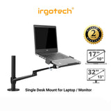 IRGOTECH M-Series Single Desk Arm Mount for Laptop 10" - 17" with Adjustable Arm