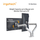 IRGOTECH S-Series Premium Dual Monitor Desk Stand Gas Spring Arm 32inch Monitor Adjustable Stand Arm Desk Mount Monitor bracket