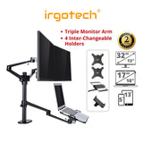 IRGOTECH M-Series Triple Arm Monitor Laptop Stand with Inter-changeable to Tablet Holder and Adjustable Arm and Extended Pole Height at 44cm