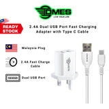 DMES DT1 2.4A Dual USB Port Fast Charging Wall Charger Malaysia Plug Adapter Type-C Data Transfer Cable