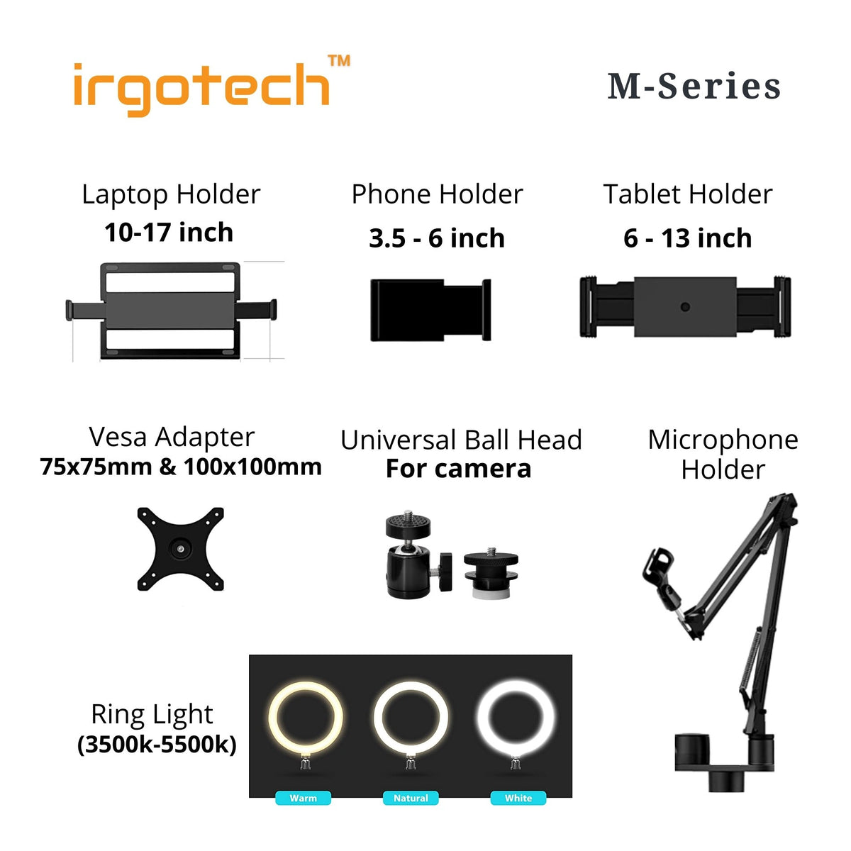 IRGOTECH M-Series Multi-Device Desk Arm Mount with Ring light, suitabl