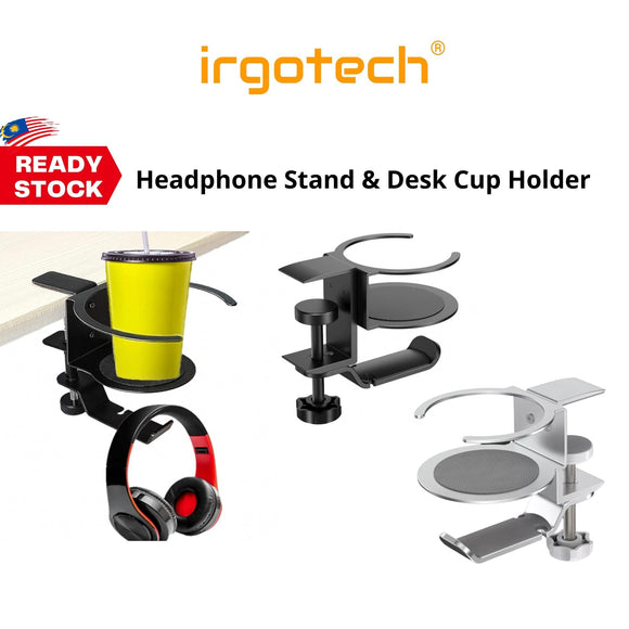 IRGOTECH Headphone Stand & Desk Cup Holder 2 in 1 , Headset Holder Hook Hanger Clamp Mount with Mug Cup Stand