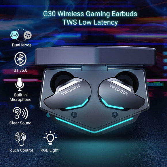 TRONER G30 Gaming Wireless Earphone TWS Earbuds Bluetooth5.0 ATS Low Latency Noise Cancellation RGB Light for PUBG, CODM